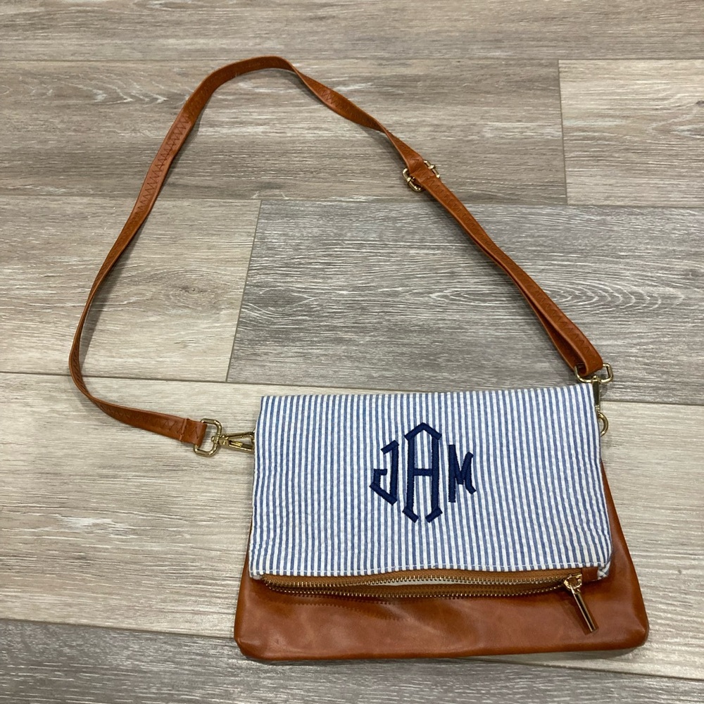 Monogrammed Brown Cross body Purse with White and Blue Stripes JAM